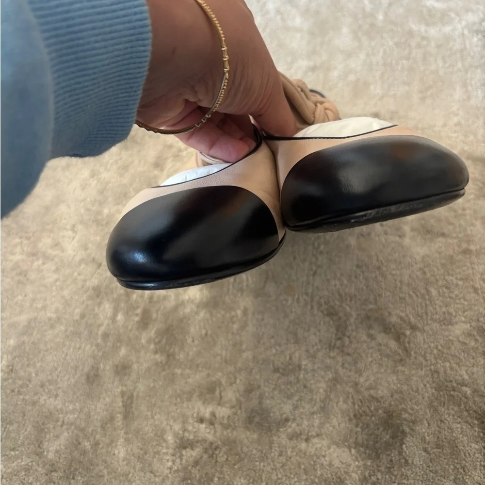 **CHANEL** Two-Tone Beige and Black Flats Mary Jane Size 42